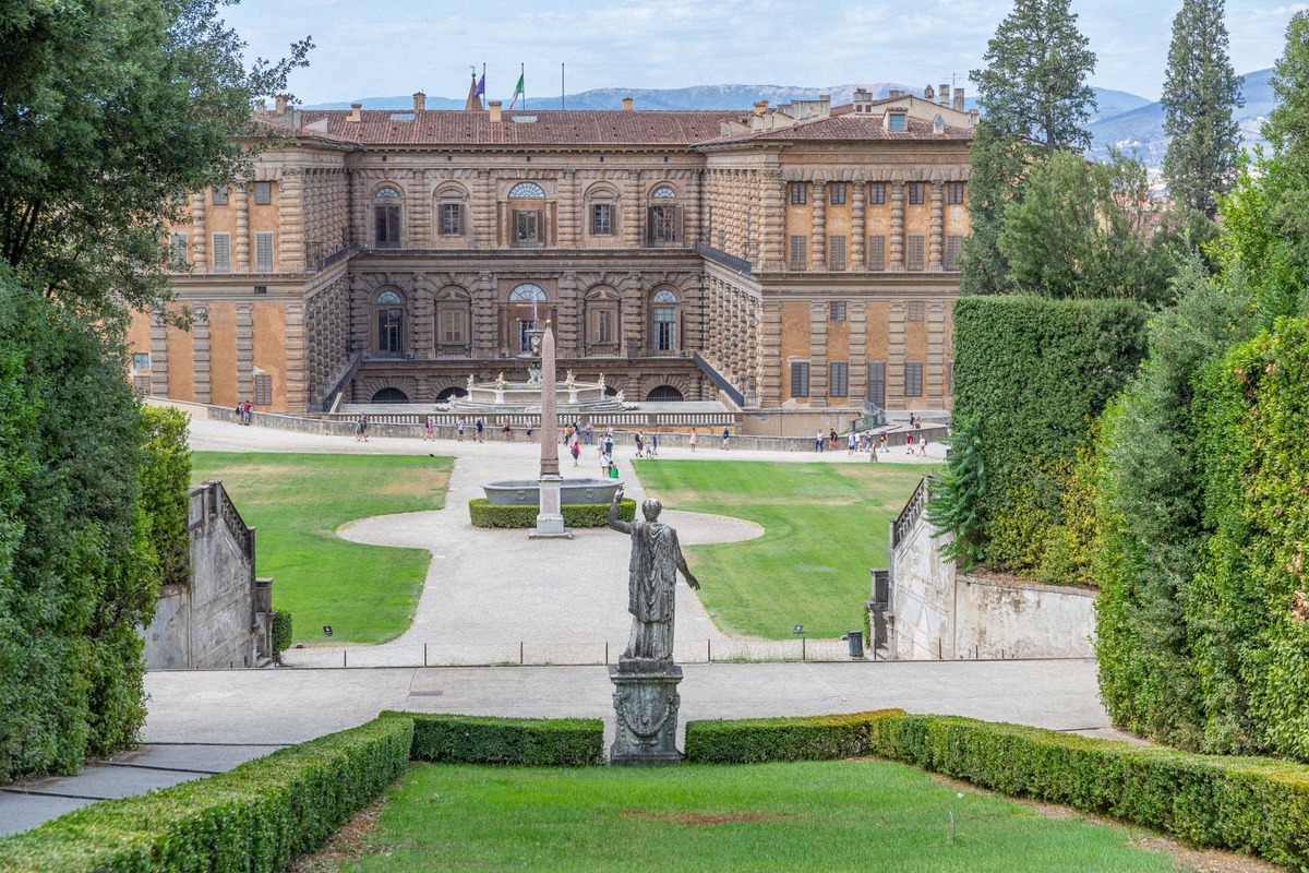 The amphitheatre of the Boboli Gardens with the obelisk and the rear front of the Pitti Palace.
