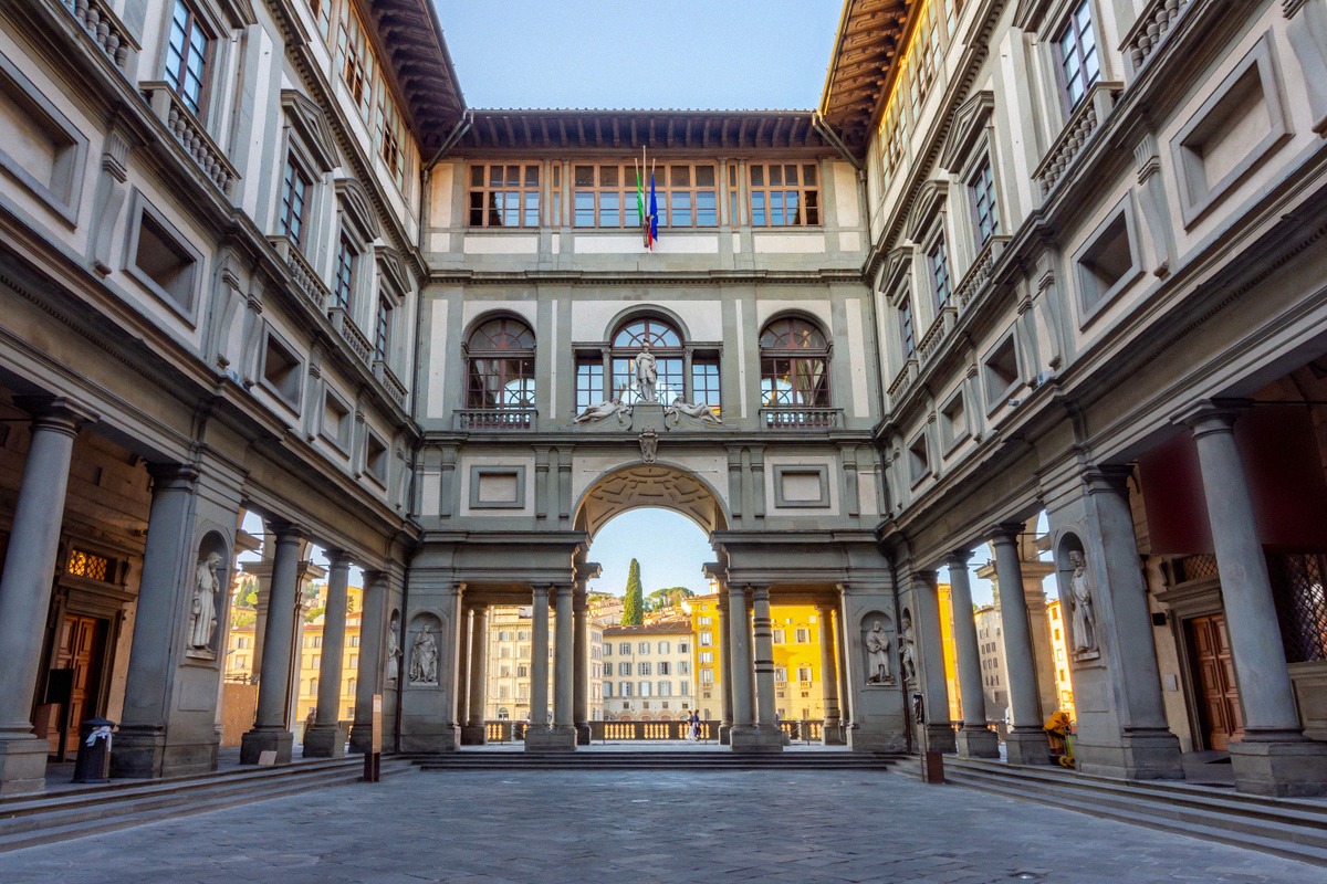 The Uffizi Gallery in Florence with its Renaissance arcades along the courtyard.
